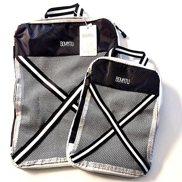 Compression Packing Cube Set of 2 ~ Travel Organizers ~ Expandable ~ Bl/Wh ~ NEW - Picture 1 of 12